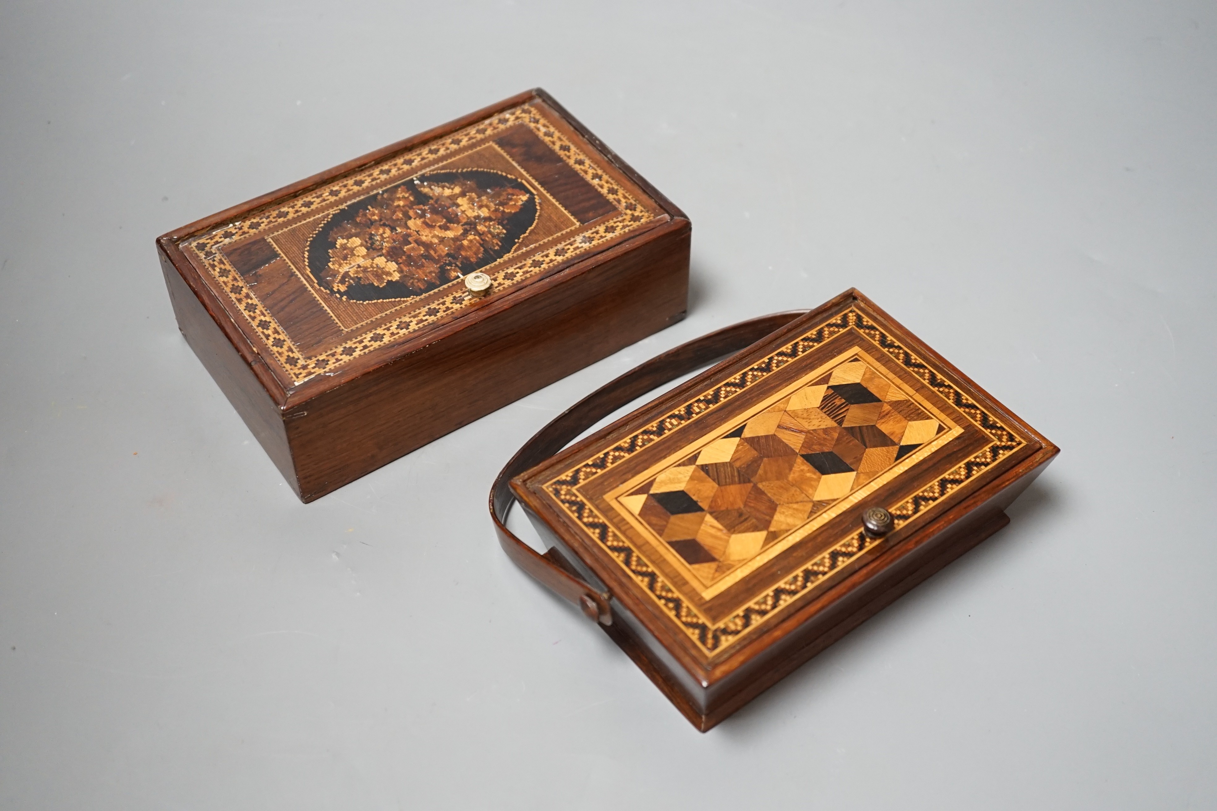 A Tunbridge ware rosewood sewing basket with bone handle and a similar small box, late 19th century, widest 17cm